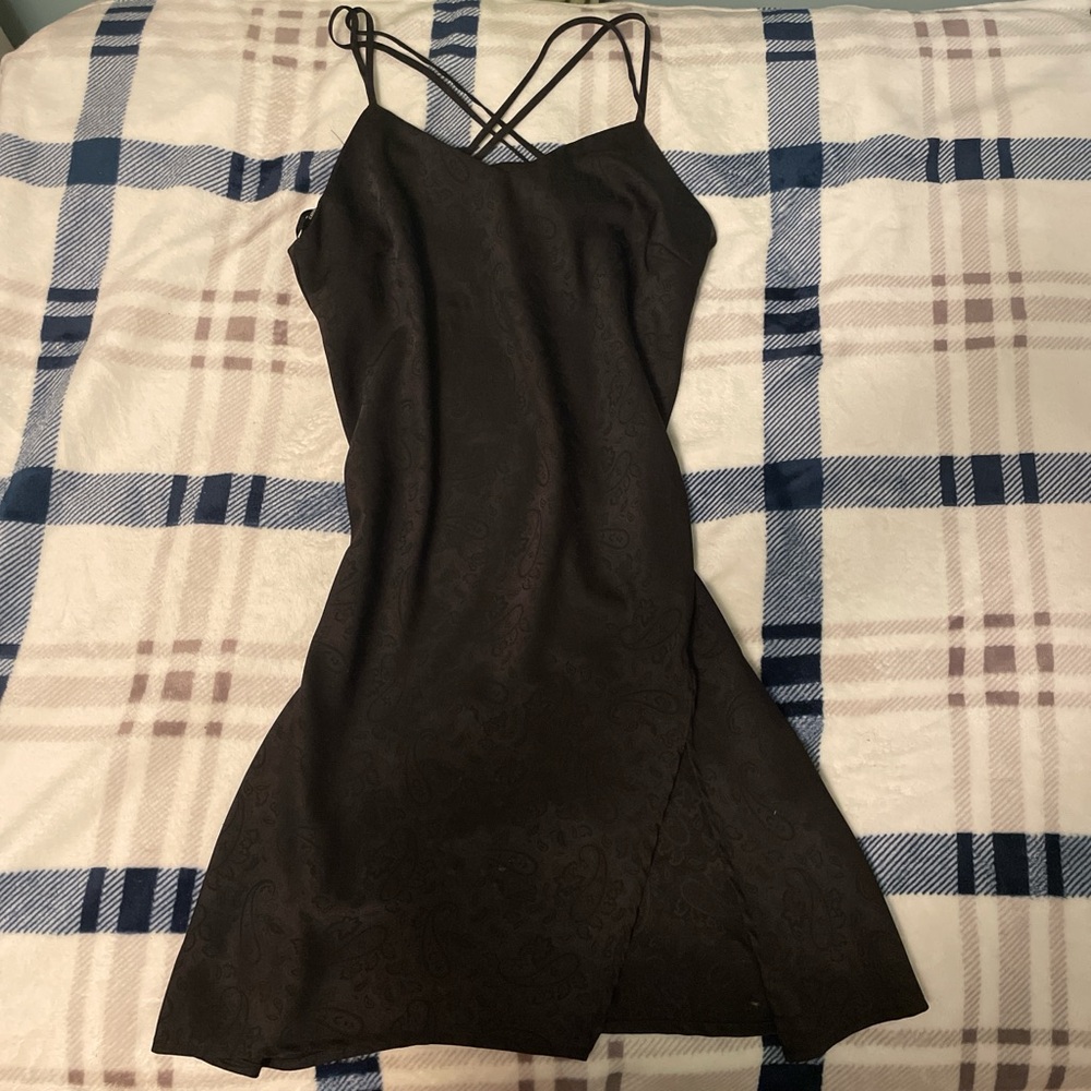 Black paisley midi slit dress with an x back